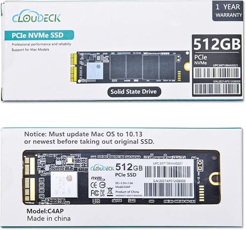محرك الأقراص الصلبة الداخلي Cloudeck NVMe SSD 512GB PCIe Gen3x4 مع 3D NAND لجهاز MacBook Air (منتصف 2013-2017)، وMacBook Pro (Retina، أواخر 2013-منتصف 2015)، وMac Pro(2013) وMini (2014)، وiMac(2013-) 2017) in Kuwait