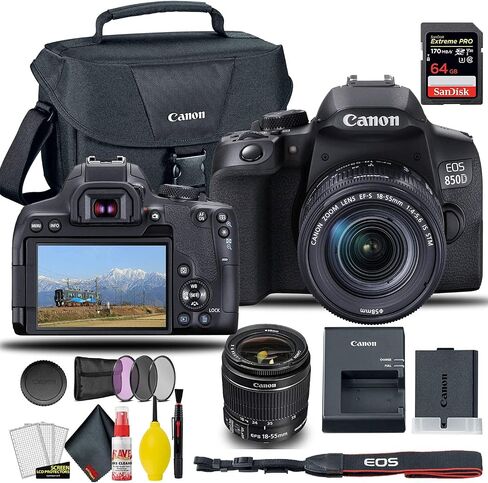 Canon EOS 850D / Rebel T8i DSLR Camera with 18-55mm Lens + Creative Filter Set, EOS Camera Bag + Sandisk Extreme Pro 64GB Card + 6AVE Electronics Cleaning Set, and More (International Model) (Renewed) in Saudi Arabia