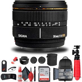 Sigma Normal 30mm f/1.4 EX DC Autofocus Lens for Sony Alpha & Minolta Digital SLR Cameras (300205) Bundle + Backpack + 64GB Card + Card Reader + Cleaning Set + Flex Tripod + Memory Wallet + More in Saudi Arabia