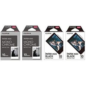 Fujifilm Instax Mini Instant Film 4-PACK BUNDLE SET، أحادية اللون (10 × 2) + إطار أسود (10 × 2) 90 8 70 7s 50s 25 300 كاميرا SP-1 in Kuwait