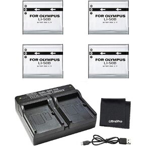 UltraPro 4-Pack LI-50B High-Capacity Replacement Batteries w/Rapid Dual Charger for Select Olympus Cameras - UltraPro Bundle Includes: Deluxe Microfiber Cleaning Cloth in Saudi Arabia
