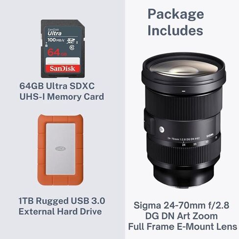 إطار كامل من Sigma 24-70 ملم f/2.8 DG DN Art Zoom متوافق مع عدسات تثبيت Sony E-Mount مع قرص صلب LaCie Rugged Mini سعة 1 تيرا وحزمة بطاقة ذاكرة SD سعة 64 جيجا (3 منتجات) in Saudi Arabia