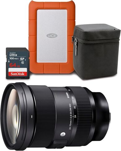 إطار كامل من Sigma 24-70 ملم f/2.8 DG DN Art Zoom متوافق مع عدسات تثبيت Sony E-Mount مع قرص صلب LaCie Rugged Mini سعة 1 تيرا وحزمة بطاقة ذاكرة SD سعة 64 جيجا (3 منتجات) in Saudi Arabia