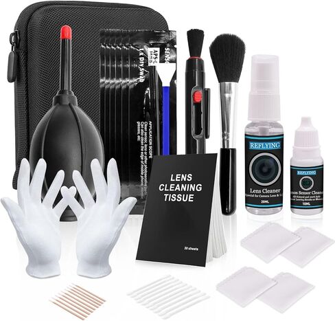 مجموعة تنظيف الكاميرا من ريفلاينج، تتضمن منظف عدسة الكاميرا 20 مل/منظف المستشعر 10 مل/قلم تنظيف العدسات / 16 ملم / ممسحة تنظيف / حقيبة / ورقة مناديل تنظيف / فرشاة / ماسحات in Kuwait