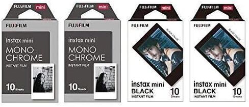Fujifilm Instax Mini Instant Film 4-PACK BUNDLE SET، أحادية اللون (10 × 2) + إطار أسود (10 × 2) 90 8 70 7s 50s 25 300 كاميرا SP-1 in Kuwait