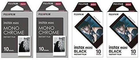 Fujifilm Instax Mini Instant Film 4-PACK BUNDLE SET، أحادية اللون (10 × 2) + إطار أسود (10 × 2) 90 8 70 7s 50s 25 300 كاميرا SP-1 in Kuwait
