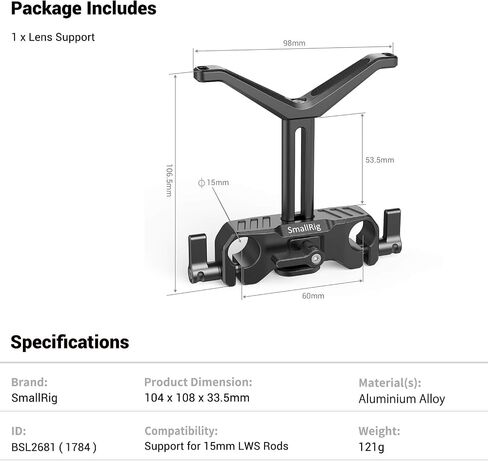 SmallRig 15mm Long Lens Support, 53.5mm Height Adjustable Lens Bracket for DSLR Camera Shoulder Rig - BSL2681 in Saudi Arabia