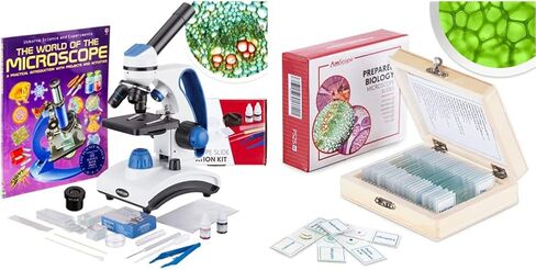 AmScope M162C-2L-PB10-WM-SP14-50P100S 40X-1000X Beginners Microscope Kit & PS25 Prepared Microscope Slide Set for Basic Biological Science Education, 25 Slides, Includes Fitted Wooden Case Brown in Saudi Arabia
