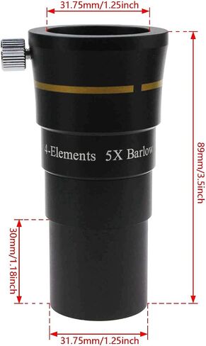 Astromania Telescope 4-Elements Short Barlow Lens Eyepiece 5X 1.25 Inch | Multi-Coating on All Lens Surface,Ultra-Short Length Barlows,Filter Thread for 1.25" Filters,Built-In Brass Compression Ring in Saudi Arabia