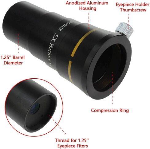 Astromania Telescope 4-Elements Short Barlow Lens Eyepiece 5X 1.25 Inch | Multi-Coating on All Lens Surface,Ultra-Short Length Barlows,Filter Thread for 1.25" Filters,Built-In Brass Compression Ring in Saudi Arabia