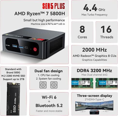 Beelink SER3 Mini PC, AMD Ryzen 3 3200U 2C/4T, 16G DDR4 RAM 500G SSD | Mini Computer, Micro PC 4K@60Hz Dual Display, Mini Computer WiFi6/BT5.2/HTPC/W-11 Pro in Kuwait