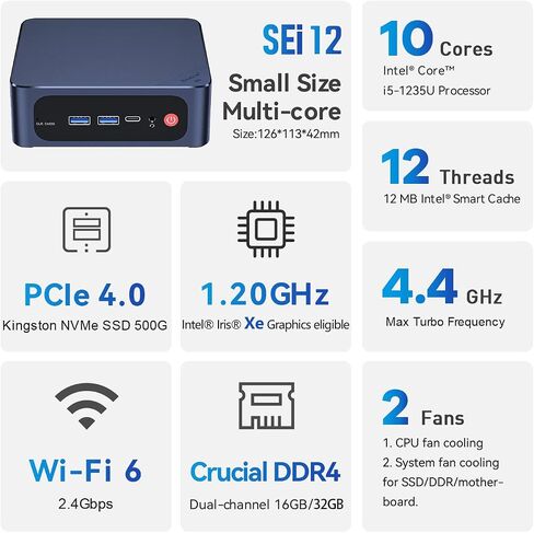كمبيوتر صغير Beelink SEI12 الجيل الحادي عشر من معالجات Intel Core i5 i5-1235U (حتى 4.4 جيجا هرتز)، كمبيوتر صغير مع ذاكرة الوصول العشوائي DDR4 سعة 16 جيجابايت و500 جيجابايت M.2 NVMe Pcle 4.0 SSD، 4K 60FPS/Dual HDMI/WiFi6/BT5.2، تشغيل تلقائي in Kuwait