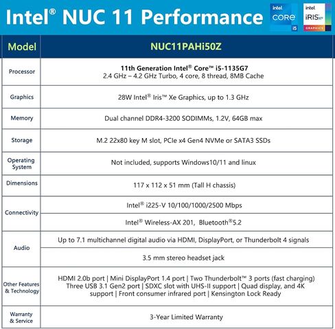 Intel NUC 11 NUC11PAHi50Z Panther Canyon Mini PC Desktop - 16GB DDR4 RAM & 256GB SSD, Core i5-1135G7 4-Core, Iris Xe Graphics, WiFi 6, BT 5.0 Thunderbolt 3 8K & Quadruple Monitor Capable (Win 11 Pro) in Saudi Arabia