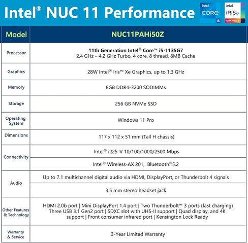 Intel NUC 11 NUC11PAHi50Z Panther Canyon Mini PC Desktop - 16GB DDR4 RAM & 256GB SSD, Core i5-1135G7 4-Core, Iris Xe Graphics, WiFi 6, BT 5.0 Thunderbolt 3 8K & Quadruple Monitor Capable (Win 11 Pro) in Saudi Arabia