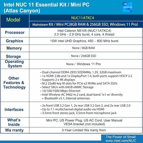 Intel Nuc 11 NUC11ATKC4 Atlas Canyon Mini pc,Intel Celeron N5105, 2.0 GHz - 2.9 GHz Burst, 4 core, 4 Thread, 15W Intel UHD Graphics, 450 – 800 MHz Burst, 8GB ram, 256GB SSD, Windows 11 Pro in Kuwait