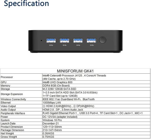 GK41 Mini PC 8GB DDR4 128GB SSD Celeron J4125 (حتى 2.7 جيجا هرتز)، رباعي النواة، HDMI&DP 4K@60 هرتز، 1x جيجابت إيثرنت، 4X USB 3.0، واي فاي ثنائي النطاق، يدعم التمهيد PXE in Kuwait