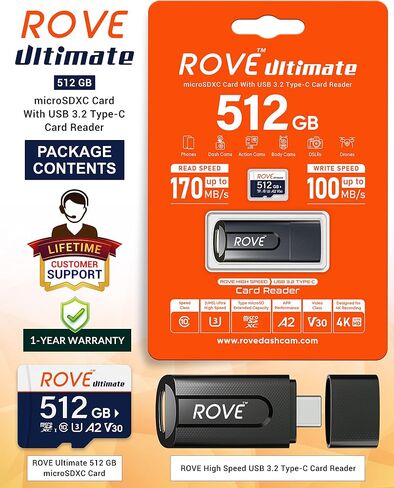 ROVE Ultimate Micro SD Card microSDXC 256GB Memory Card with USB 3.2 Type C Card Reader 512GB 170MB/s C10, U3, V30, 4K, A2 for Dash Cam, Android Smart Phones, Tablets, Games | MicroSDXC, C10 U3 V30 A2, 4K Video Ready, for Dash Cam, Android Smart Phones, T in Kuwait