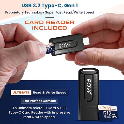 ROVE Ultimate Micro SD Card microSDXC 256GB Memory Card with USB 3.2 Type C Card Reader 512GB 170MB/s C10, U3, V30, 4K, A2 for Dash Cam, Android Smart Phones, Tablets, Games | MicroSDXC, C10 U3 V30 A2, 4K Video Ready, for Dash Cam, Android Smart Phones, T in Kuwait