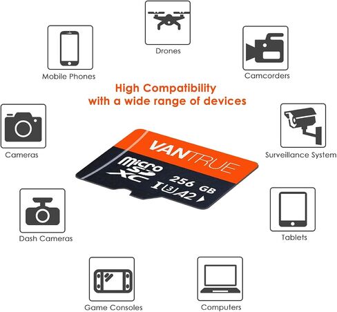 Vantrue 256GB microSDXC UHS-I U3 4K Memory Card with Adapter for Dash Cams | UHS-I U3, 4K UHD video, high speed transfer, monitoring grade, for dash cams, body cams, action cameras, security systems in Saudi Arabia
