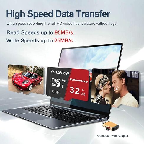 بطاقة ذاكرة LaView سعة 32 جيجابايت، قطعتان، بطاقة ذاكرة Micro SDXC UHS-I - 95 ميجابايت/ثانية، 633X، U1، C10، فيديو عالي الدقة V10، A1، FAT32، بطاقة فلاش TF عالية السرعة P500 للكمبيوتر مع محول/هاتف/كمبيوتر لوحي/ الكمبيوتر in Kuwait