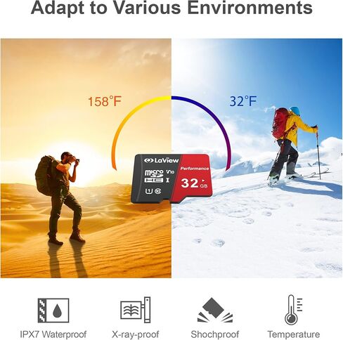 بطاقة ذاكرة LaView سعة 32 جيجابايت، قطعتان، بطاقة ذاكرة Micro SDXC UHS-I - 95 ميجابايت/ثانية، 633X، U1، C10، فيديو عالي الدقة V10، A1، FAT32، بطاقة فلاش TF عالية السرعة P500 للكمبيوتر مع محول/هاتف/كمبيوتر لوحي/ الكمبيوتر in Kuwait