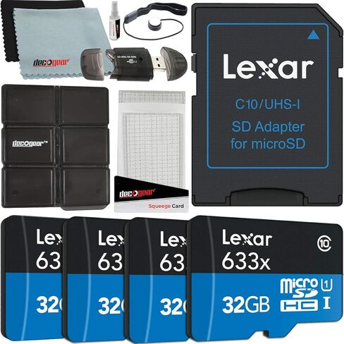 حزمة Lexar مكونة من 4 بطاقات ذاكرة MicroSDHC UHS-I عالية الأداء 633 × 32 جيجابايت (إجمالي 128 جيجابايت) مع محول SD LSDMI32GBBNL633A مع قارئ SD وحقيبة تخزين من Deco Gear + قطعة قماش من الألياف الدقيقة وملحقاتها in Saudi Arabia