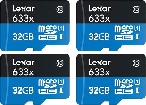 حزمة Lexar مكونة من 4 بطاقات ذاكرة MicroSDHC UHS-I عالية الأداء 633 × 32 جيجابايت (إجمالي 128 جيجابايت) مع محول SD LSDMI32GBBNL633A مع قارئ SD وحقيبة تخزين من Deco Gear + قطعة قماش من الألياف الدقيقة وملحقاتها in Saudi Arabia