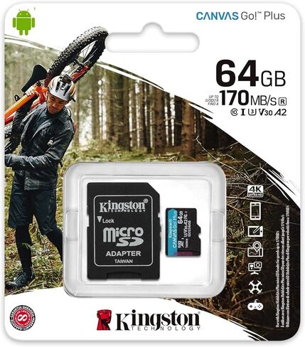 Kingston Canvas Go Plus 64GB V30 A2 MicroSDXC (2 Pack) Memory Cards for Drone Works with DJI Mini 3 Pro, Avata, DJI RC, RC Pro, FPV Goggles V2 Bundle with (1) Everything But Stromboli Micro SD Reader in Saudi Arabia