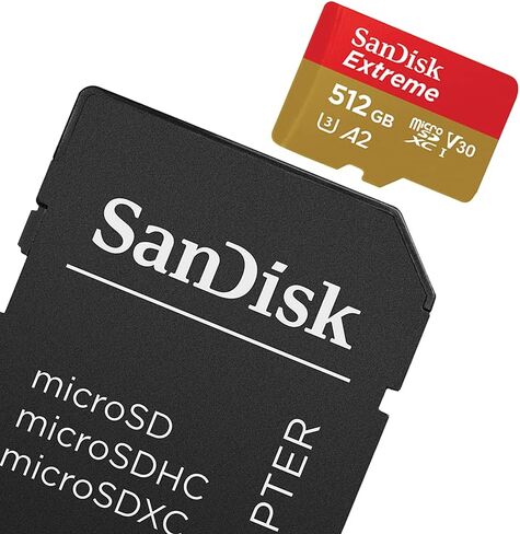 بطاقة ذاكرة سانديسك 512 جيجابايت اكستريم بلس UHS-I microSDXC مع محول اس دي، قراءة 170 ميجابايت/ثانية، كتابة 90 ميجا بايت/ثانية، V30، A2 in Kuwait