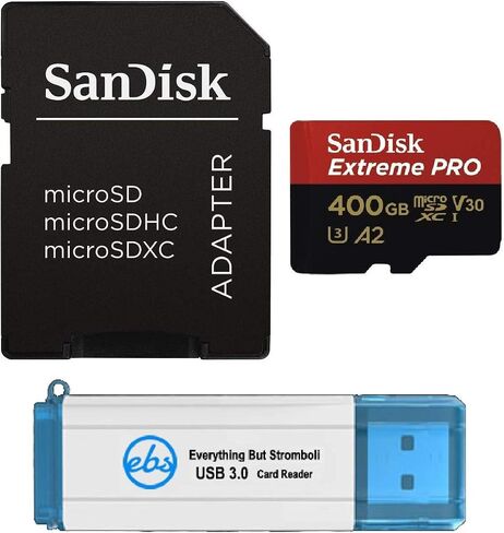 حزمة بطاقات ذاكرة SanDisk Micro SDXC Extreme Pro 400 جيجابايت تعمل مع GoPro Hero 7 أسود وفضي وHero7 White UHS-I A2 (SDSQXCZ-400G-GN6MA) Plus (1) كل شيء ولكن Stromboli (TM) 3.0 Micro/SD قارئ بطاقات in Saudi Arabia