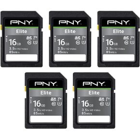 بطاقة ذاكرة فلاش PNY 16GB Elite Class 10 U1 V10 SDHC 5 عبوات - قراءة 100 ميجابايت/ثانية، الفئة 10، U1، V10، Full HD، UHS-I، SD بالحجم الكامل in Kuwait