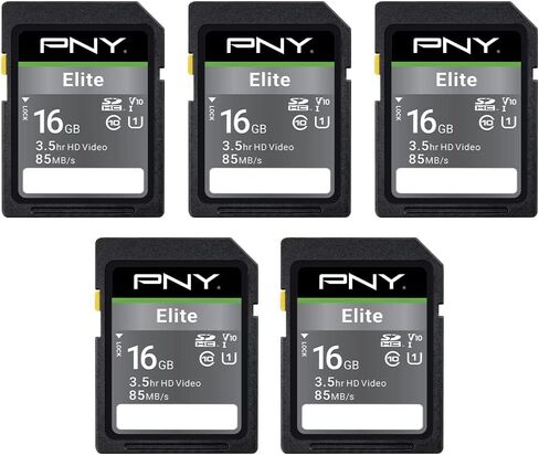 بطاقة ذاكرة فلاش PNY 16GB Elite Class 10 U1 V10 SDHC 5 عبوات - قراءة 100 ميجابايت/ثانية، الفئة 10، U1، V10، Full HD، UHS-I، SD بالحجم الكامل in Kuwait