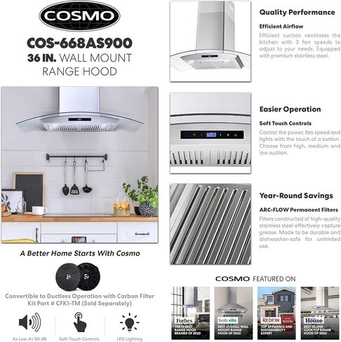 COSMO COS-668AS750 30 بوصة. شفاط يثبت على الحائط مع 380 CFM، زجاج منحني، أنبوبي قابل للتحويل بدون قنوات (تحتاج إلى مرشحات إضافية، غير متضمنة)، 3 سرعات، مرشحات دائمة من الفولاذ المقاوم للصدأ in Kuwait