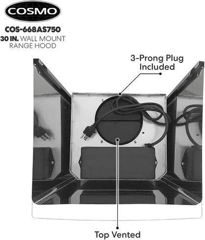 COSMO COS-668AS750 30 بوصة. شفاط يثبت على الحائط مع 380 CFM، زجاج منحني، أنبوبي قابل للتحويل بدون قنوات (تحتاج إلى مرشحات إضافية، غير متضمنة)، 3 سرعات، مرشحات دائمة من الفولاذ المقاوم للصدأ in Kuwait