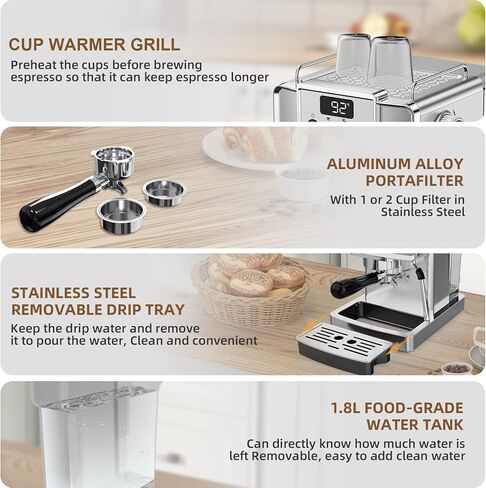 ماكينة اسبريسو سومساتي، ماكينة اسبريسو من الفولاذ المقاوم للصدأ مع رغوة الحليب لللاتيه والكابتشينو والماكياتو، لصانعة الاسبريسو المنزلية، خزان مياه 1.8 لتر، 20 بار in Kuwait