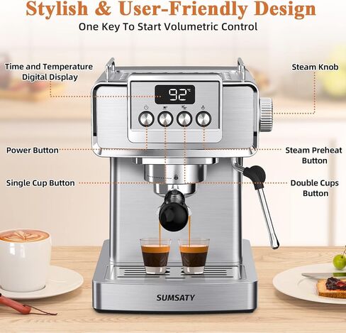 ماكينة اسبريسو سومساتي، ماكينة اسبريسو من الفولاذ المقاوم للصدأ مع رغوة الحليب لللاتيه والكابتشينو والماكياتو، لصانعة الاسبريسو المنزلية، خزان مياه 1.8 لتر، 20 بار in Kuwait