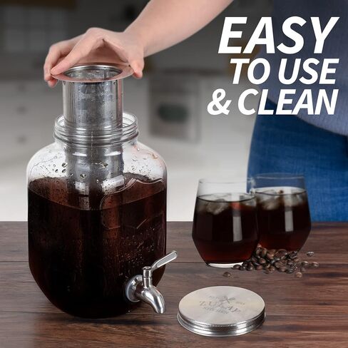 Zulay 1 Gallon/128oz Cold Brew Maker – Thick Glass Cold Brew Pitcher with Stainless Steel Filter, Lid & Spout – Large Cold Brew Coffee Maker - Iced Coffee & Sun Tea Pitcher for Fridge – Silver in Kuwait
