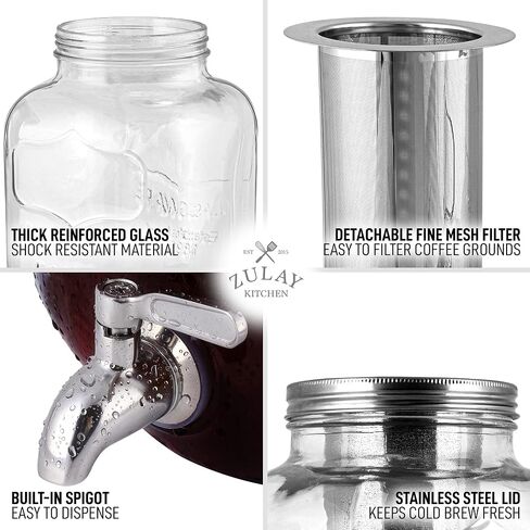 Zulay 1 Gallon/128oz Cold Brew Maker – Thick Glass Cold Brew Pitcher with Stainless Steel Filter, Lid & Spout – Large Cold Brew Coffee Maker - Iced Coffee & Sun Tea Pitcher for Fridge – Silver in Kuwait