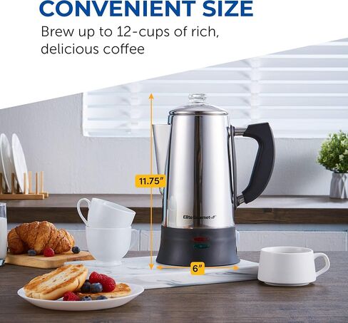 Elite Gourmet EC922 Electric Coffee Percolator, Glass Clear Brew Progress Knob, Cool-Touch Handle, Cordless Serve, 12-Cup, Stainless Steel in Kuwait