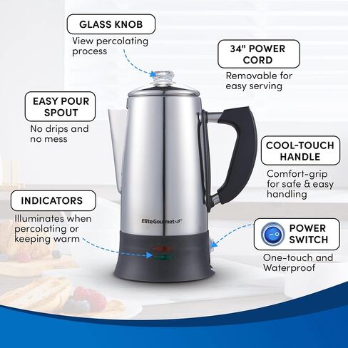 Elite Gourmet EC922 Electric Coffee Percolator, Glass Clear Brew Progress Knob, Cool-Touch Handle, Cordless Serve, 12-Cup, Stainless Steel in Kuwait