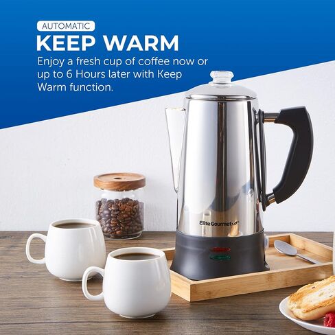 Elite Gourmet EC922 Electric Coffee Percolator, Glass Clear Brew Progress Knob, Cool-Touch Handle, Cordless Serve, 12-Cup, Stainless Steel in Kuwait