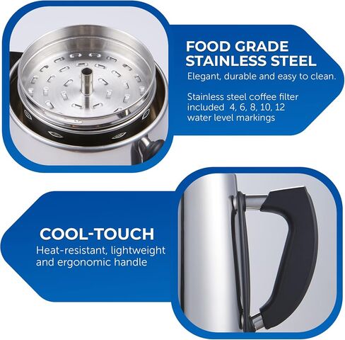Elite Gourmet EC922 Electric Coffee Percolator, Glass Clear Brew Progress Knob, Cool-Touch Handle, Cordless Serve, 12-Cup, Stainless Steel in Kuwait