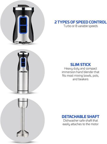 Mueller Ultra-Stick 500 Watt 9-Speed Immersion Multi-Purpose Hand Blender Heavy Duty Copper Motor Brushed 304 Stainless Steel With Whisk, Milk Frother Attachments in Saudi Arabia
