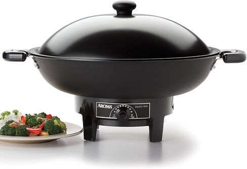 Aroma Housewares AEW-306 Electric Wok with Tempered Glass Lid Easy Clean Nonstick, Cooking Chopsticks, Tempura and Steaming Racks, Professional Model, Black in Kuwait