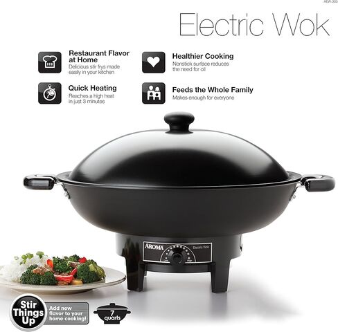 Aroma Housewares AEW-306 Electric Wok with Tempered Glass Lid Easy Clean Nonstick, Cooking Chopsticks, Tempura and Steaming Racks, Professional Model, Black in Kuwait