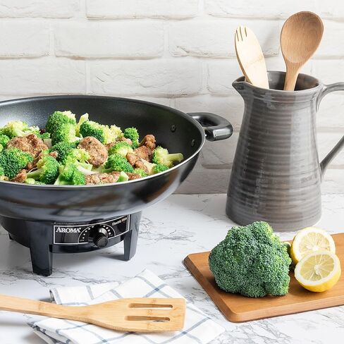 Aroma Housewares AEW-306 Electric Wok with Tempered Glass Lid Easy Clean Nonstick, Cooking Chopsticks, Tempura and Steaming Racks, Professional Model, Black in Kuwait