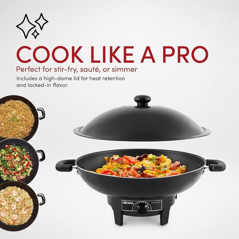 Aroma Housewares AEW-306 Electric Wok with Tempered Glass Lid Easy Clean Nonstick, Cooking Chopsticks, Tempura and Steaming Racks, Professional Model, Black in Kuwait