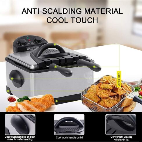 Secura 4 Liters / 17-Cup Stainless-Steel 1700-Watt Electric Deep Fryer with Timer Free Extra Odor Filter, Triple Basket, 4.5 Quarts, Silver in Kuwait