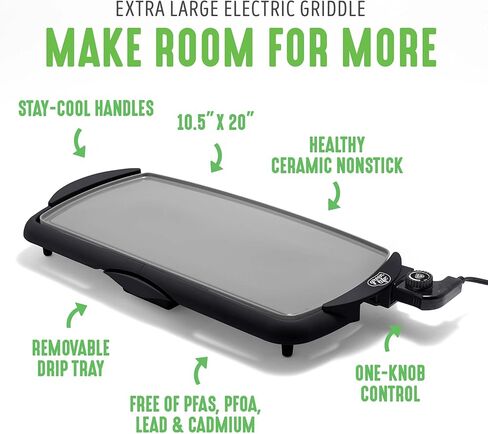 GreenLife 20" Electric Griddle, Extra Large Surface for Pancakes Eggs Fajitas, Healthy Ceramic Nonstick Coating, Stay Cool Handles, Removable Drip Tray, Temperature Control, PFAS-Free, Black in Saudi Arabia