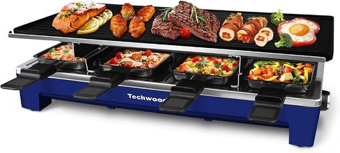 Raclette Grill, Techwood Electric Table Indoor Grill Korean BBQ Grill, Removable 2-in-1 Non-Stick Grill Plate, 1500W Fast Heating with 8 Cheese Melt Pans, Ideal for Parties and Family Fun (Blue) in Saudi Arabia